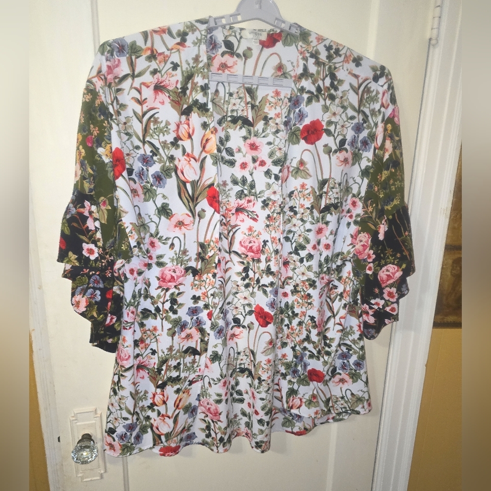 Umgee Floral Ruffle Sleeve  Long Duster Kimono Open Front  Multi-Color  Size M/L - Picture 5 of 12